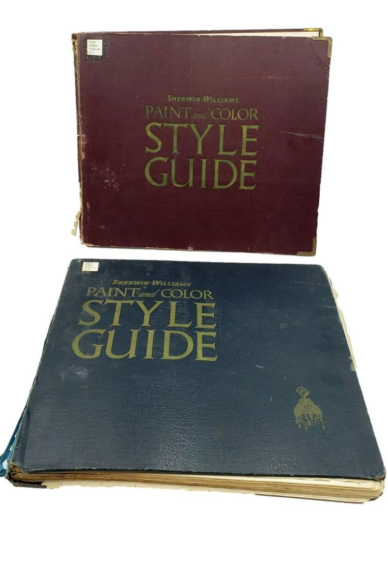 1940-41 Paint and Color Style Guides: Sherwin Williams: 2 Large Folios: Two elephant folio size, 120 -page 1940 - 41 Sherwin-Williams paint and style guides. Volume 1 is bound in ox-blood red faux micro mosaic patterned cloth over hard boards, volume 2 is bound in midnigh
