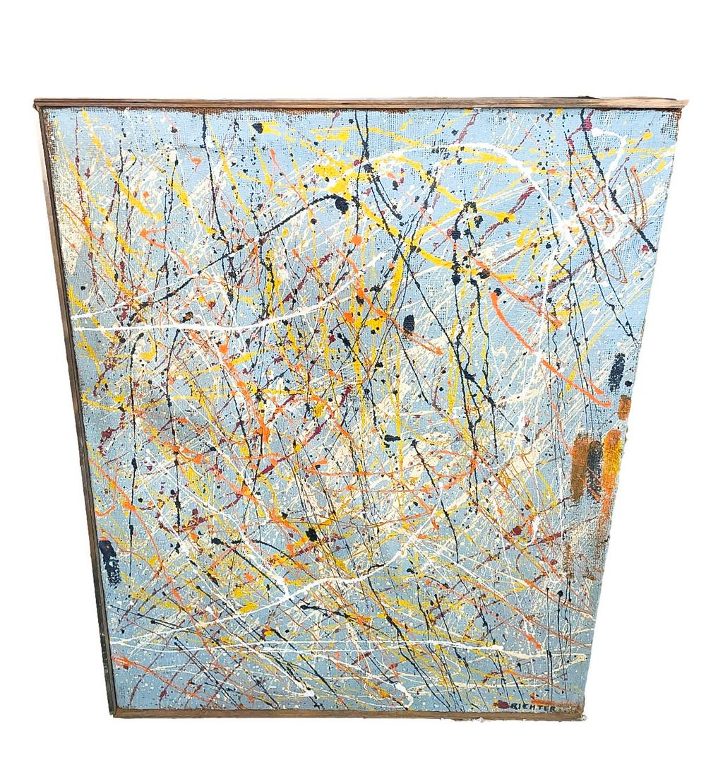 Signed Richter: Mid Century Modern Multicolor Acrylic on Burlap Abstract Painting (1 of 5)