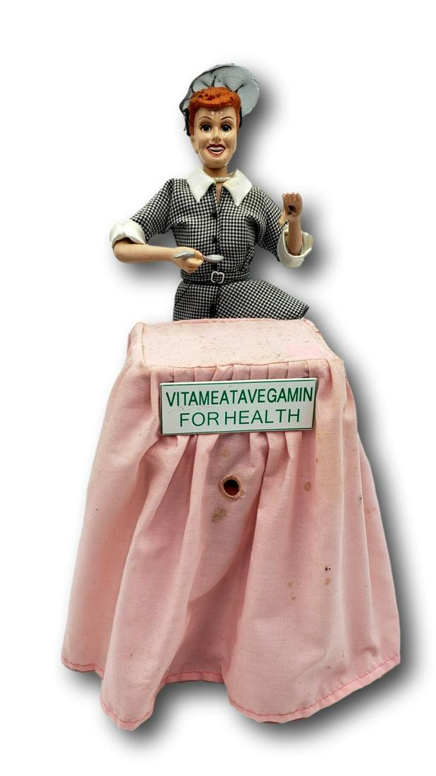 I Love Lucy Animated Vitameatavegamin Scene Toy by Gemmy: The I Love Lucy Animated Vitameatavegamin Scene is an item made in 2004 as part of the Gemmy Pop Culture Series. This animated figure is based on the scene from "I Love Lucy" episode 30 &quo