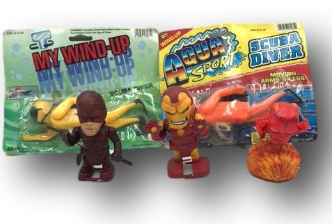 NOS/ NIP Vintage Wind-Ups : Ja-Ru Diver + 3 Marvel Manga Motorized Twist Ems: " 5 plastic wind-up toys. Includes 1988 Ja-Ru Scuba diver and 1996 Ja-Ru Aqua Sport diver both NOS â€“ New in Package, New Old Stock. Plus: 3 characters wind-ups. 2004 Toy Biz Marvel Manga Motori