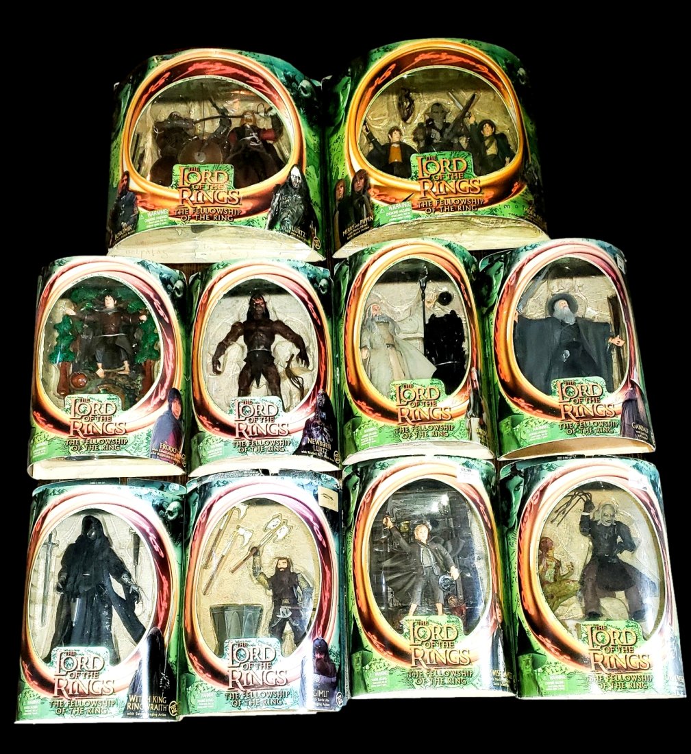 LOTR Fellowship of The Ring: Toy Biz Action Figures (10) NIB: All 2001 Toy Biz Fellowship of the Ring edition, new in packages. Lot Includes Witch King Ring Wraith, Gimli, Samwise Gamgee, Orc Overseer, Frodo, Newborn Lurtz, Saruman, Gandalf, Boromir with Uruk Ha