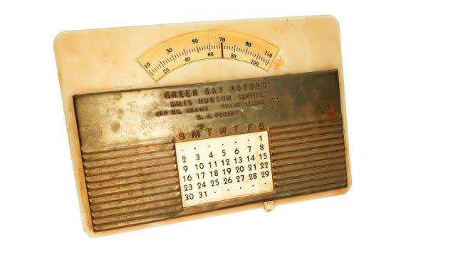1949 Greenbay Motors Calendar Thermometer: Hudson Sales and Service: Description 1949 mechanical calendar accurate for 5 years; 1949 to 1953 by moving metal slide bottom of the front, the calendar is metal, and bakelite on the front reads - Greenbay Motors Hudson Sales
