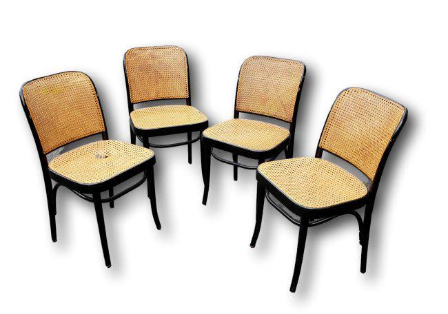 Vintage Josef Hoffmann Prague Cane Chairs: Set of 4.: Description Vintage Josef Hoffmann Prague Cane Chairs: Set of 4. The set remains in a good vintage condition, sturdy, with minimal signs of age and one chair will require re-caning on the seat. The