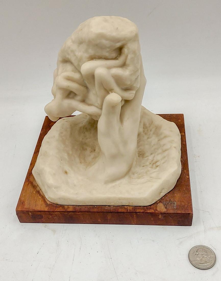 Vintage Hand Of God Sculpture By Rodin: Alva Museum Replica Circa 1990s: A vintage reproduction of Auguste Rodin's 1906-era sculpture; The Hand of God. Made by Alva Museum Replicas in 1990. The sculpture depicts the hand of God emerging from the ground holding an entwined 