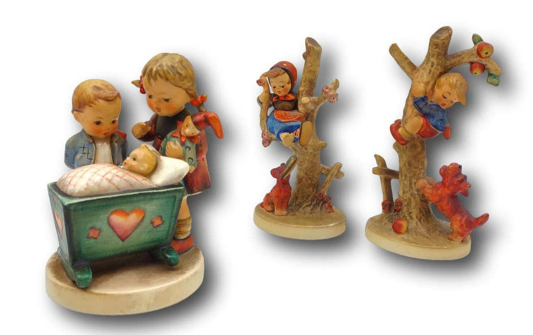 Baby Makes Three: Three Goebel / Hummel Figurines: Description Three Figurines all in gently handled used vintage condition. Storage patina noted. No cracks or losses were observed. Condition Report We review every item to determine its basic con