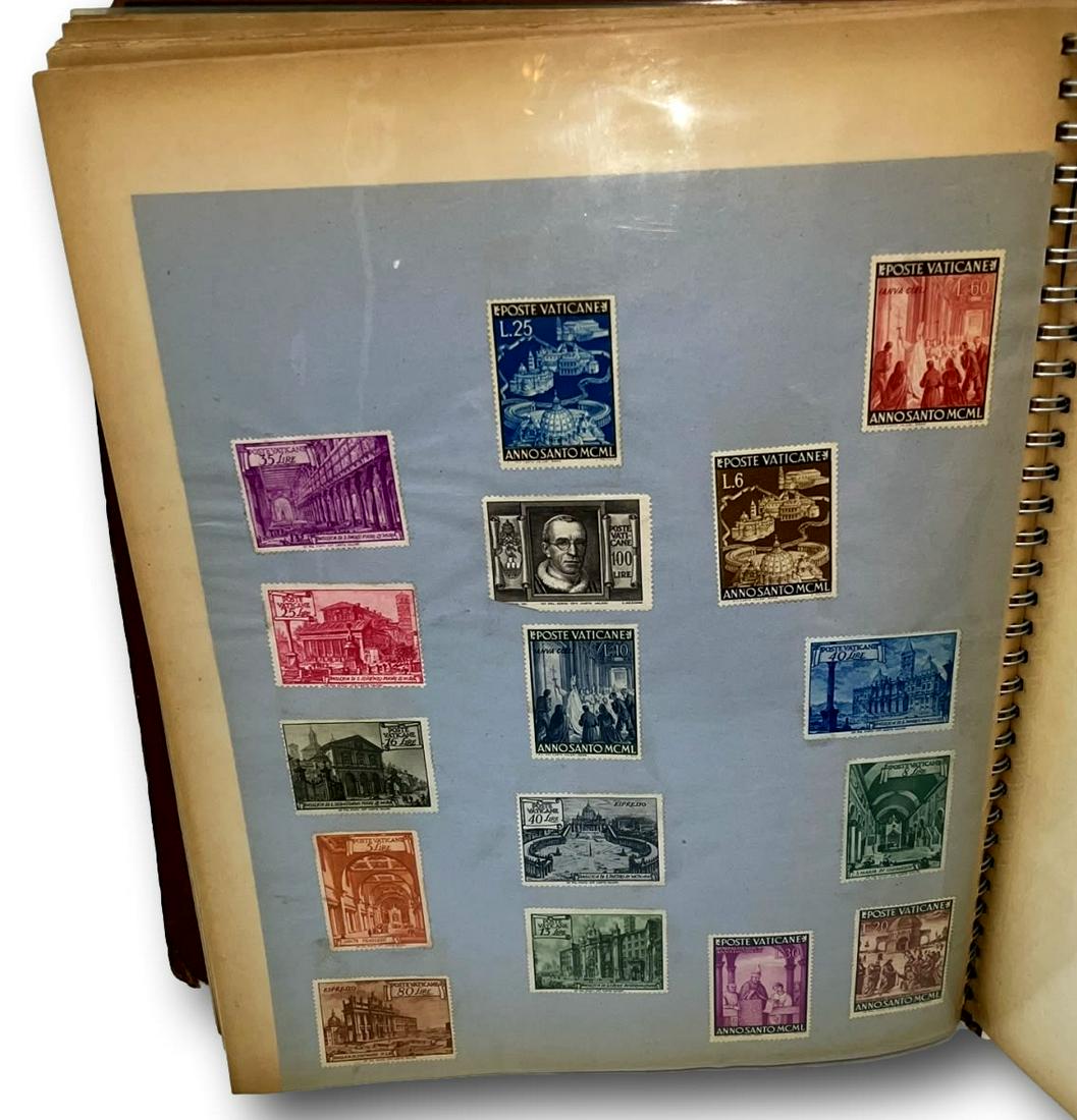 Parents of J. Courtney Holy Year Pilgrimage Photo Album Scrapbook: Vintage photo album scrapbook consisting of 14 mostly black and white photos of J. Courtneyâ€™s parents on their Holy Year Pilgrimage to Europe, numerous newspaper article clippings from the 1950