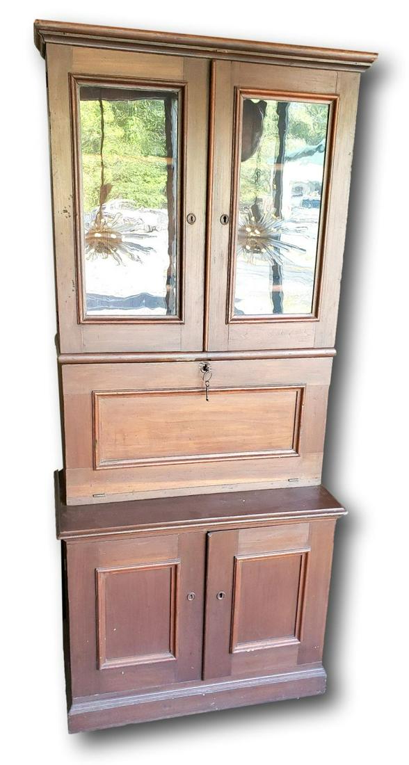 1800s Country Drop Front Desk with Bookcase: Early original including the cool wavy glass panel bookcase doors. It stands 86 inches tall, is 20 inches deep, and has a width of 38 inches. It is two pieces. The shelves are adjustable (see image), 