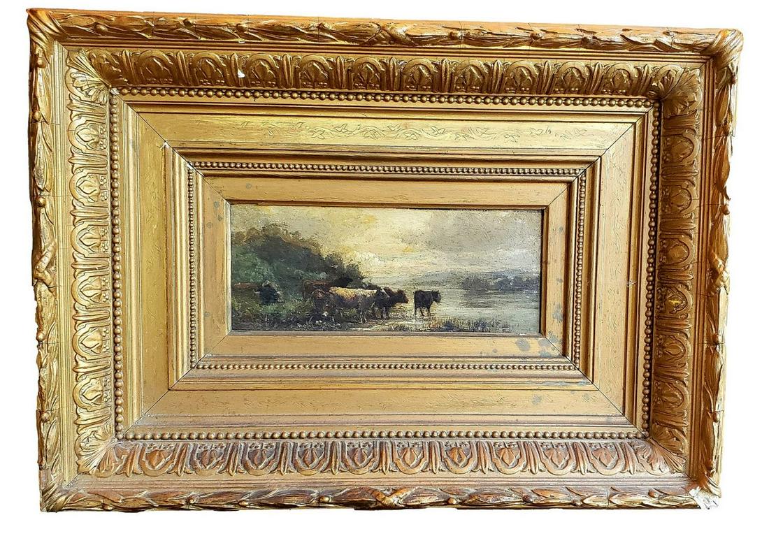 Cows in Pasture Oil on Board by Peter Moran (1841-1914): Oil on board of cattle in a pastoral setting by Peter Moran (1841 - 1914). Gilt composite frame with chipping on corners and edges. The painting is intact with no issues noted. Measurements: Image 8.7