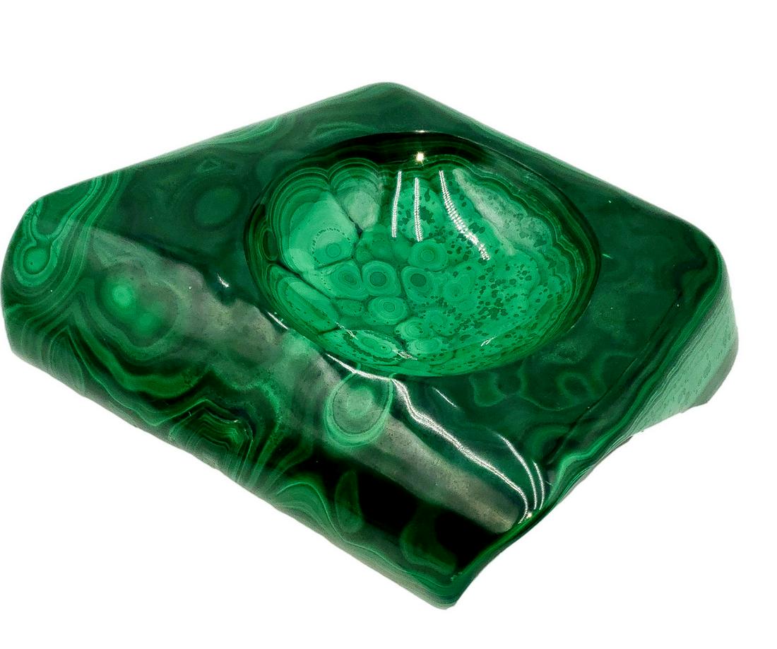 Contoured Polished Malachite: Bowl - Dish: Natural stone with the botryoidal swirls, curves, and bullseyes typical of Congolese malachite, formed to a high luster smooth shallow dish on top and revealing the raw natural form of this natural tr