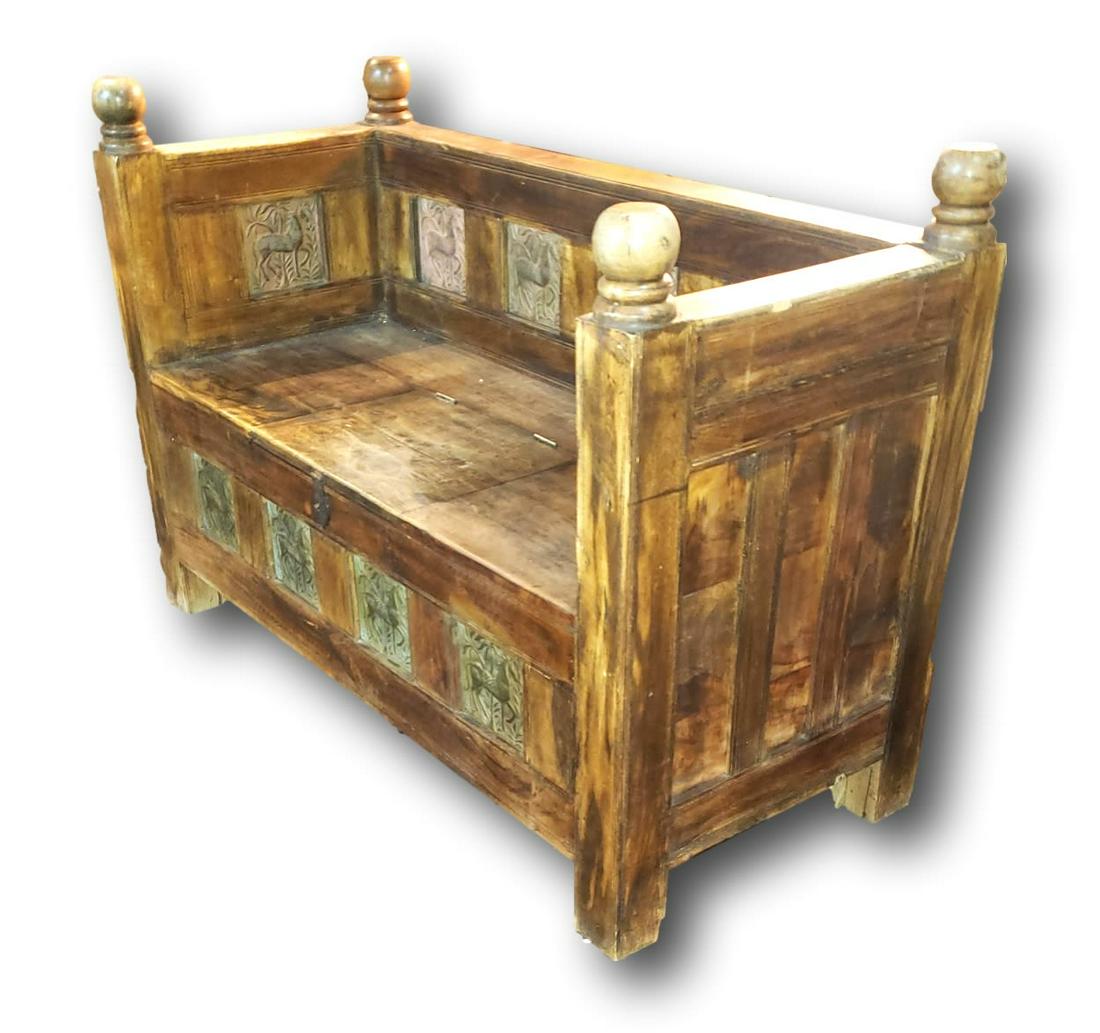 Balinese Reclaimed Teak and Copper Bench with Storage: Reclaimed, Repurposed teak wood bench with ten copper embossed horse panels. The seat has a lift-up center with storage. The bench is approximately 53 inches long, 23 inches deep, and 36 t