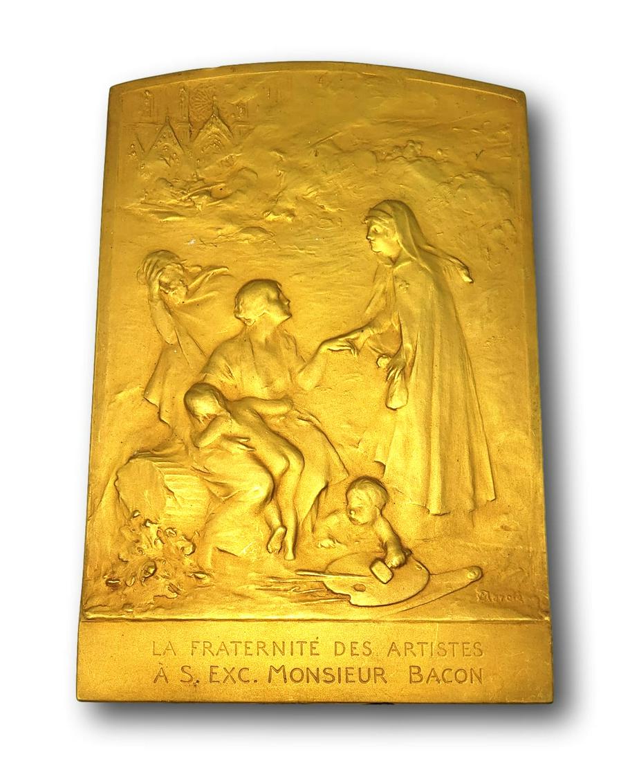 CHARLES MERCIE GANTRAGO Bronze Plaque Circa 1900: La Fraternite des Artistes a Monsieur le Senateur W.A. Clark signed - C. Mercie - (lower right) and titled (lower edge) bronze with gold patina.6.75 x 4.5 in.We review every item to determine its basi