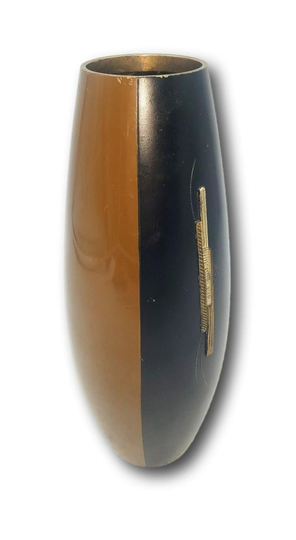 Signed Asian Metal Painted Vase: Metal vase standing 9 3/4 inches tall. 2-inch mouth opening. Some paint loss, scratches, dent as noted in the images. Signed. Similar to styles of mid-century period. Please re