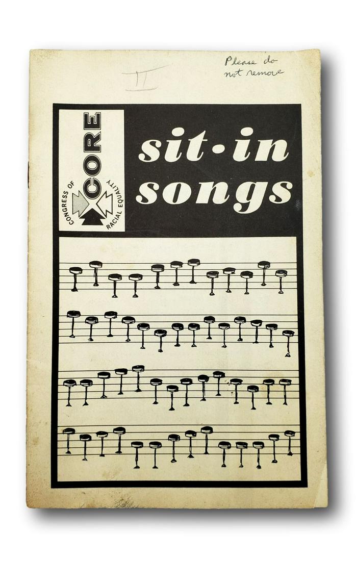 CORE Sit-In Songs: (CIVIL RIGHTS.) [Jimmie McDonald, compiler.] CORE Sit-In Songs. 21 pages including wrappers. 8vo, original illustrated wrappers, corner crease, writing on the upper right front "Please do not rem