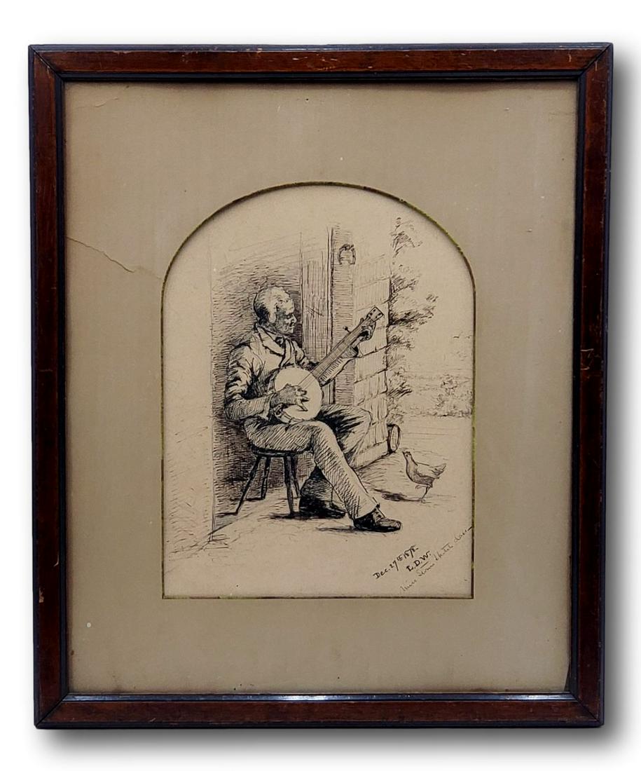 Black Banjo Player Original Sketch Dated 1878, Stowe: This is an original sketch of a black man sitting in a chair playing a banjo. This is not a print or lithograph. It is a pencil and ink drawing. It is dated December 27th, 1878 with the in