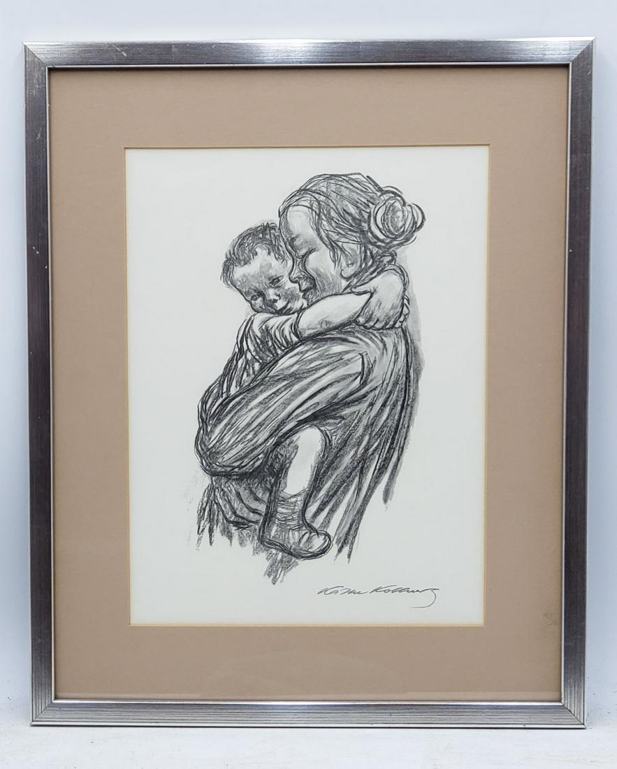 Mother and Child by Kathe Kollwitz: Lithograph of a mother holding her child by Kathe Kollwitz ( 1867 -1945 ). Visible art measures 10.5 x 14 inches. Chrome frame 15 x 20 inches. About the artist: Kathe Kollwitz July 8, 1867-April 22, 1