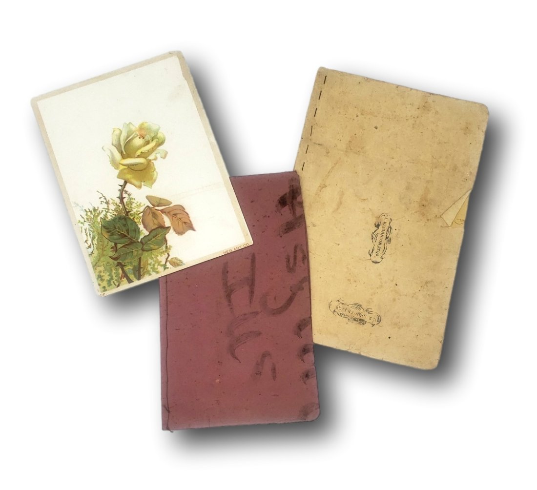 School Days Illionois 1880's Ephemera : 3 Pieces: Floral Card: Art Gift as a present reward for good attendance, 86 days of education at the Mary J Ellis school, given to Benton Johnson. Size: 5.5 x 7.5 inches.Red Softcover song booklet. Four song pa
