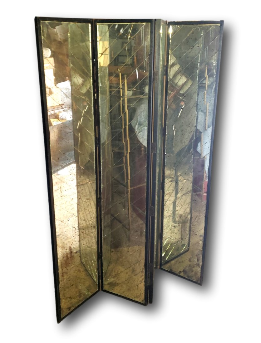 Silver Stripped Mirrored Room Divider: Standing 7 feet tall, this four panel room divider, with each panel measuring 16 inches wide by 1 1/2 inches deep. Each panel contains cut silver backed mirror strips in a diagonal pattern. There are 