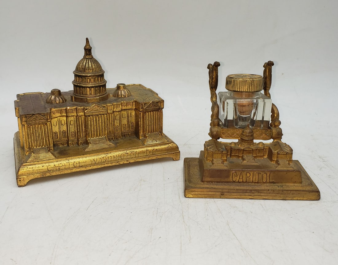 Jennings Bros. Capitol Trinket Box and Capital Ink Well Pen Holder: Both pieces are in very good condition. The Capital trinket box measures 5 1/4 by 3 1/2 inches. The Capital inkwell stands 3 1/4 inches. The glass inkwell is not chipped or cracked. This i