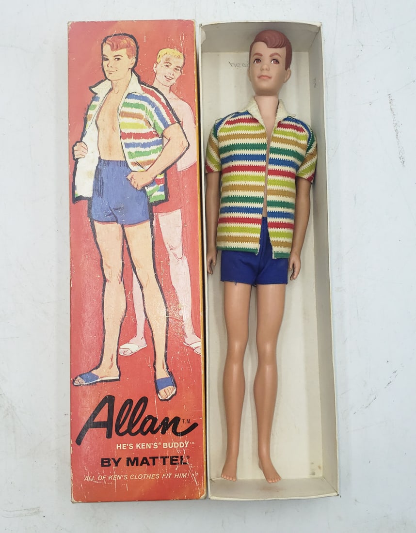 1963 Mattel Allan Doll, Original Clothes in Original Box No.1000: Allan doll is in very good original condition with original clothing in very good condition. No slippers. The original box is in good condition with no corner separation noted, and just some tape mark