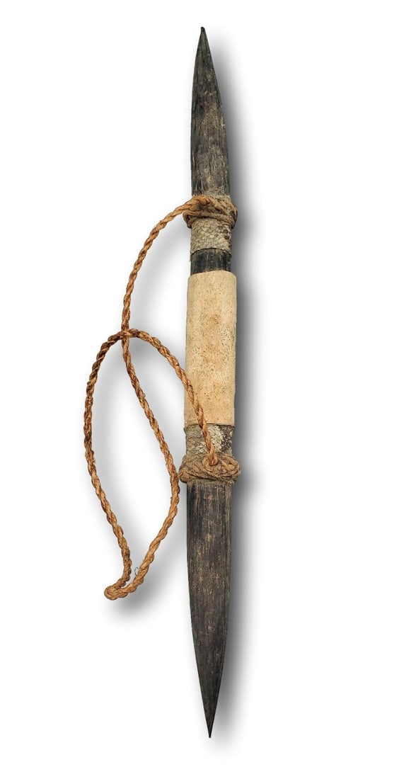 Jivaro Tribe Headhunters Knife - Guayaquil Ecuador: This according to the museum catalog label is a Headhunters Knife from the Jivaro tribe in Ecuador. It is made of wood, rope, snakeskin, and leather. It is approximately 16 inches long.&nb