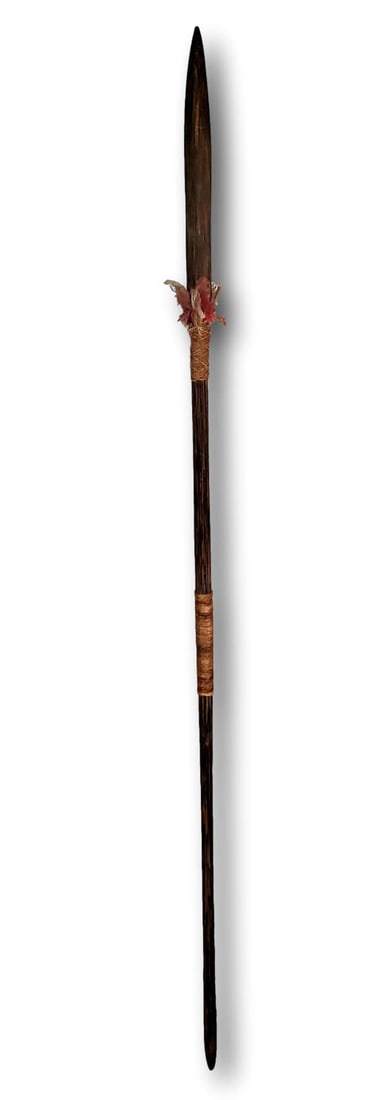 Headhunter's Spear, Equador - Traphagen Museum - SA-17-8a: The spear is 66 1/4 inches long. Rope banding. Feather embellishments by spear's head. There are no breaks or repairs noted. â€“ Provenance: The Traphagen Collection | Catalog Mark SA-17-8a