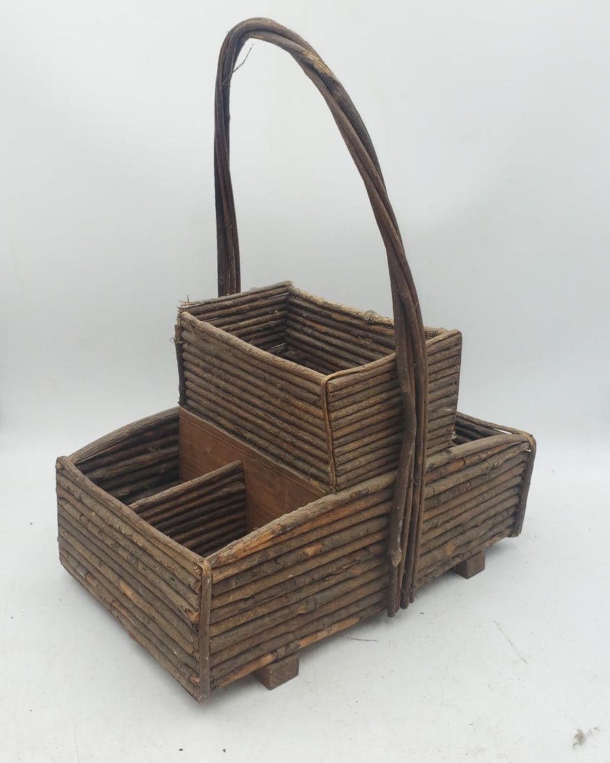 Vintage Farmhouse Stick Wine Basket: Very nice vintage stick basket with 5 divided sections and handle. The basket is in good condition with minor stick damage on one corner of the upper section and a missing underside stick (see i