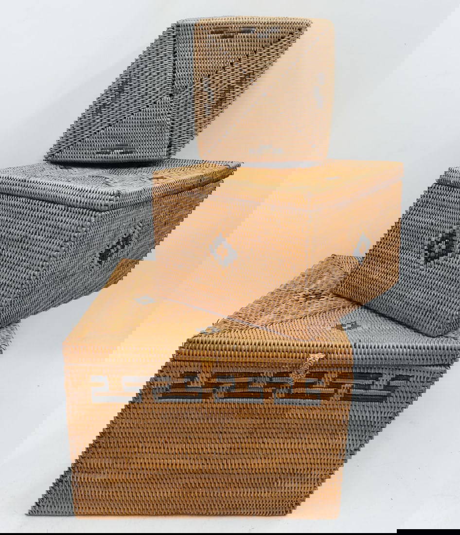 Three (3) Kubu Rattan Lidded Storage Baskets Auction