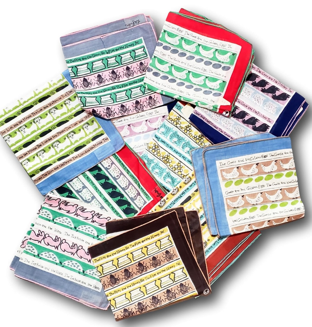 1950 NOS Handkerchief Lot of 12 - Rafner , Jenkins: This is a lot of 12 New Old Stock 1950 Handkerchiefs from the Traphagen Museum. Several have Macy's price tags attached along with several Jenkins tags attached. There are some that 