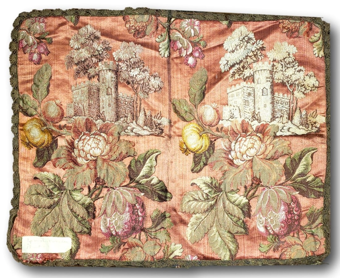 17th Century Spanish Brocade Fabric - Traphagen Museum: The material is believed to be silk and is in very good age-appropriate condition with some separation of the border. It is catalog tagged by Traphagen and it measures 21 inches by 17 inches.&nb