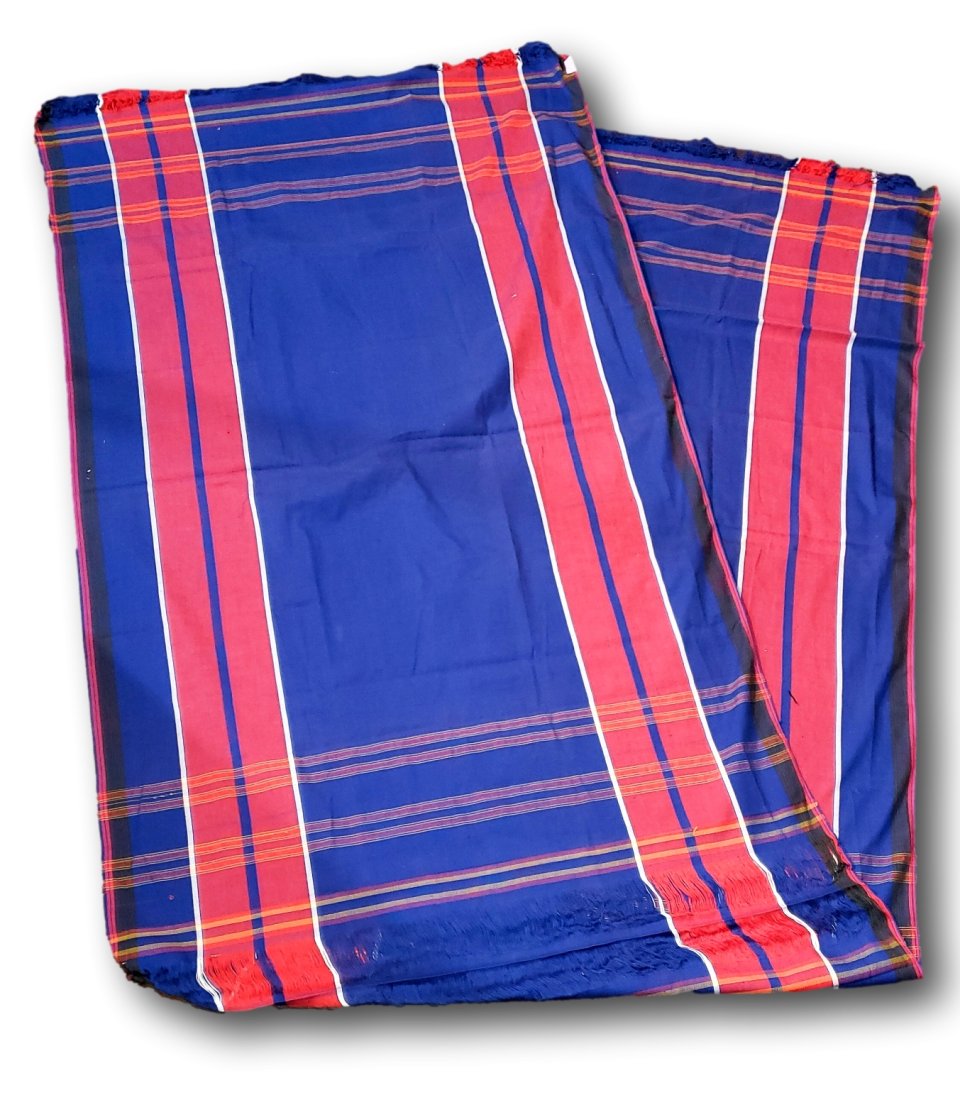 Vintage Cloth Cotton Weave Blue Textile Plaid: Unfinished " raw" from the loom textile. Cotton weave with unfinished ends and a section of waft-only threads. Blue base with red, white black, and yellow. 40 x 128 inches total. Provenance: The M.F. 