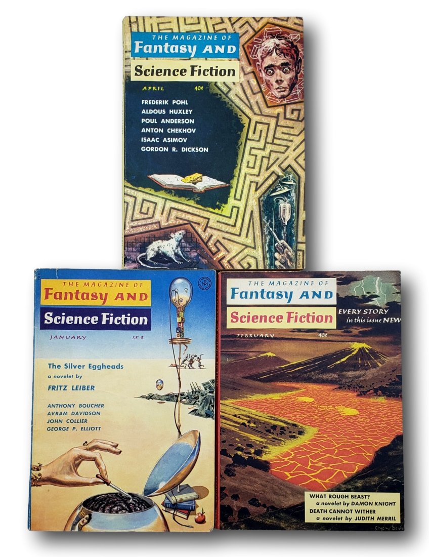 The Magazine of Fantasy and Science Fiction 3 Volumes, Chekhov, Asimov,: This lot contains three of The Magazine of Fantasy and Science Fiction from Volume 16, numbers 1, 2, and 4. All are in mailing wrappers. They are in very good age-appropriate condition with minimal co