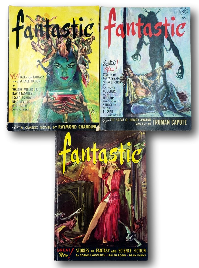 Fantastic Vol 1 - No. 1,2, and 3 Asimov, Bradbury, Capote: The first three in the volume 1 series of Fantastic Fantasy and Science Fiction. All three are complete with no missing pages and vibrant cover graphics. There is some spine cover loss and rubbing, so