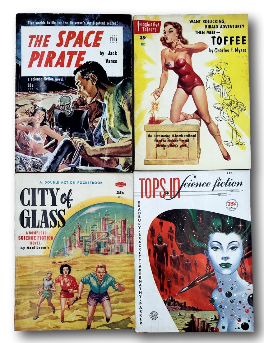 Miscellaneous Lot of 4 1950s Pulp Digests: This lot contains Imaginative Tales #1 1954 in very good condition, City of Glass 1942 in very good condition, Top in Science Fiction 1946 in good condition with a 1/4 inch tear on the rear lower cove