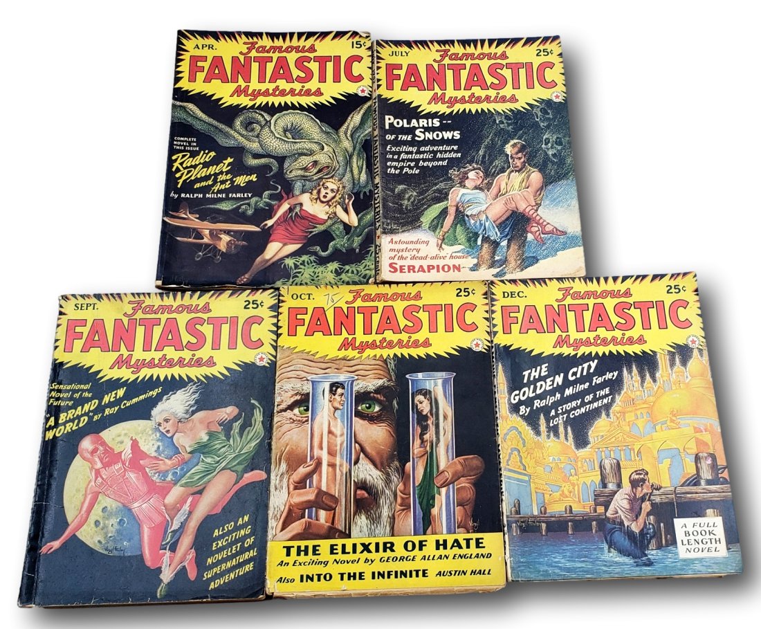 Lot of 5 1942 Famous Fantastic Mysteries: This lot contains April, July, September, October, and December 1942 editions. All books are complete with no missing or detached pages. All have corner rubbing and or chipping, edge wear, and creasin