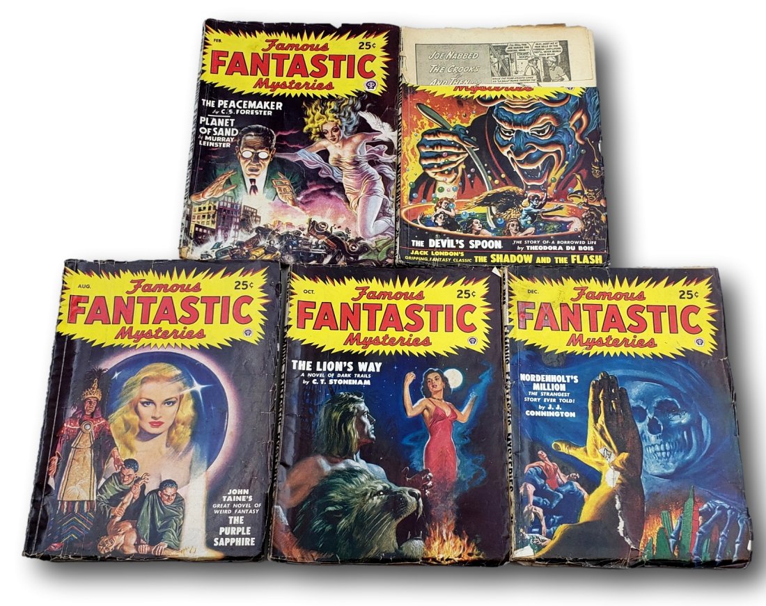 Famous Fantastic Mysteries 1948: 1948 Famous Fantastic Mysteries Lot of 5. Includes February, June, August, October, and December. The condition on this selection is fair to poor. June 1948 is missing a part of the front cover. Decem