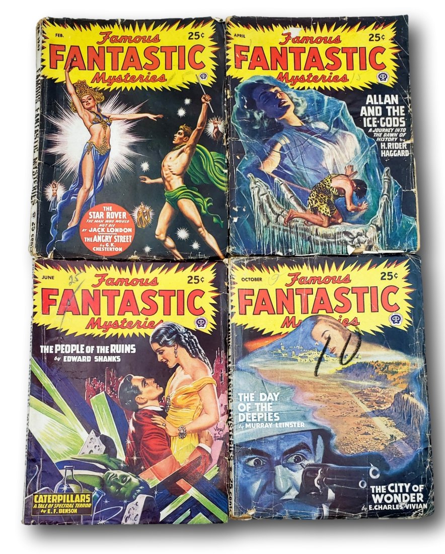 Lot of 4 Famous Fantastic Mysteries1947: This lot contains February 1947, April 1947, June 1947, and October 1947. The condition on this lot is graded poor. Heavy fraying on edges, pen & ink marks, chipping and tears along edges. February's 