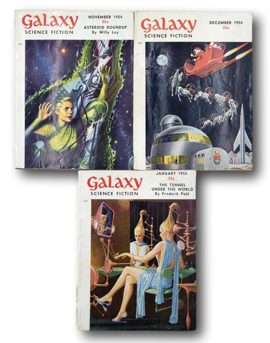 3 Galaxy Science Fiction 1954 and 1955: Included in this lot is November, December, and January. This three-issue lot includes writers Ley, Evelyn Smith, Mark Meadows, H.L. Gold and others. The three are in good, complete condition. There i