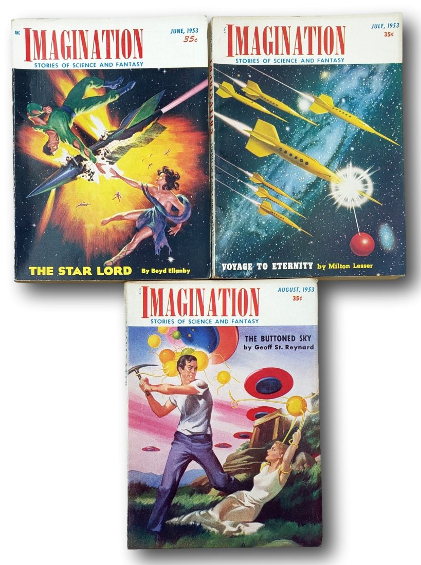 Imagination Stories of Science and Fantasy 1953: This lot contains Volume 4 of the American fantasy and science fiction magazine, "Imagination, " encompassing issues numbered 5, 6, and 7. These particular issues are in Good to Very Good condition, p