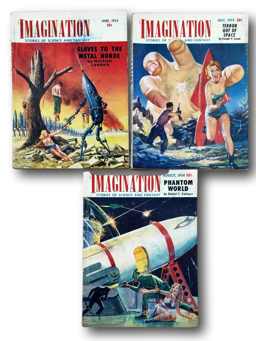 1954 Imagination Lot of 3 including Slaves To The Metal Horde - June: Auction Lot 52 features a collection of Imagination Stories of Science and Fantasy magazines from June, July, and August of 1954, encompassing Volume 5, Numbers 6, 7, and 8. Notably, the June issue st