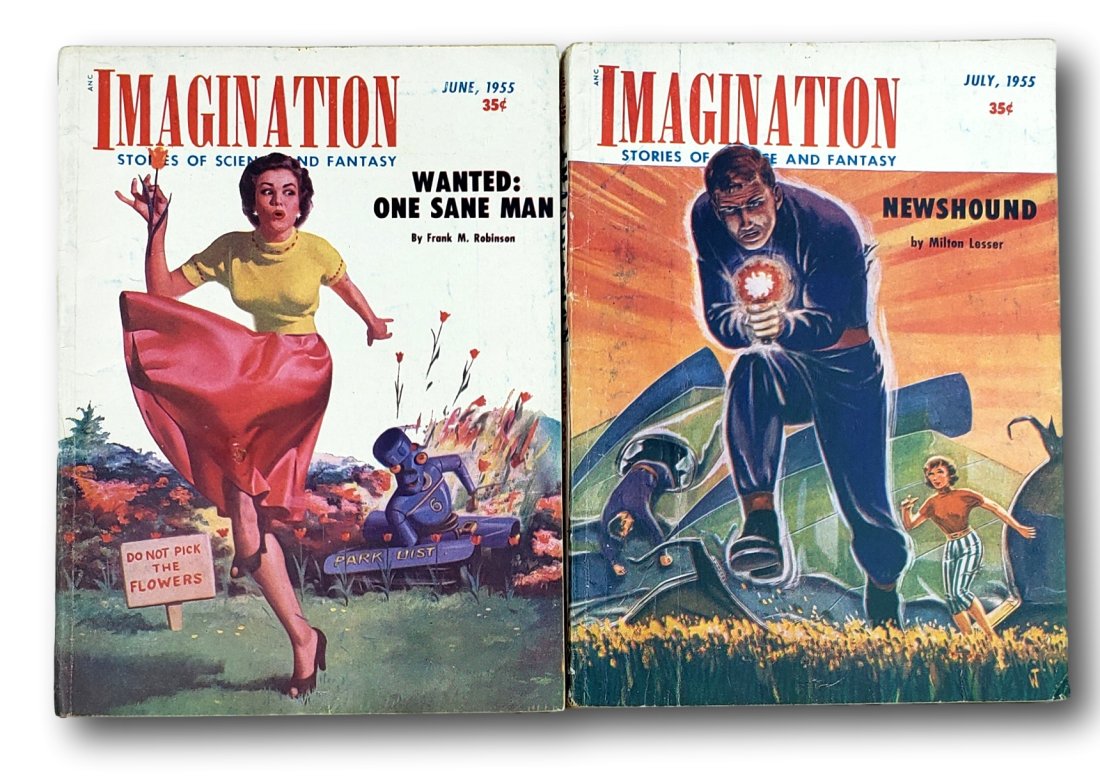 Wanted: One Sane Man - Imagination Stories of Science and Fantasy 1955: Discover a captivating journey into the realms of science and fantasy with the Imagination Stories of Science and Fantasy magazines from June and July 1955. These vintage treasures, presented in good 