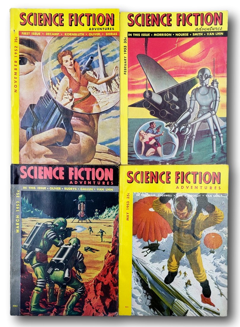 First Four Editions of Science Fiction Adventures - 1952: Lot 57 presents a unique opportunity for collectors and enthusiasts of vintage science fiction literature. This collection features the 1952 Volume 1, Number 1 through Number 4 issues of "Science Fict