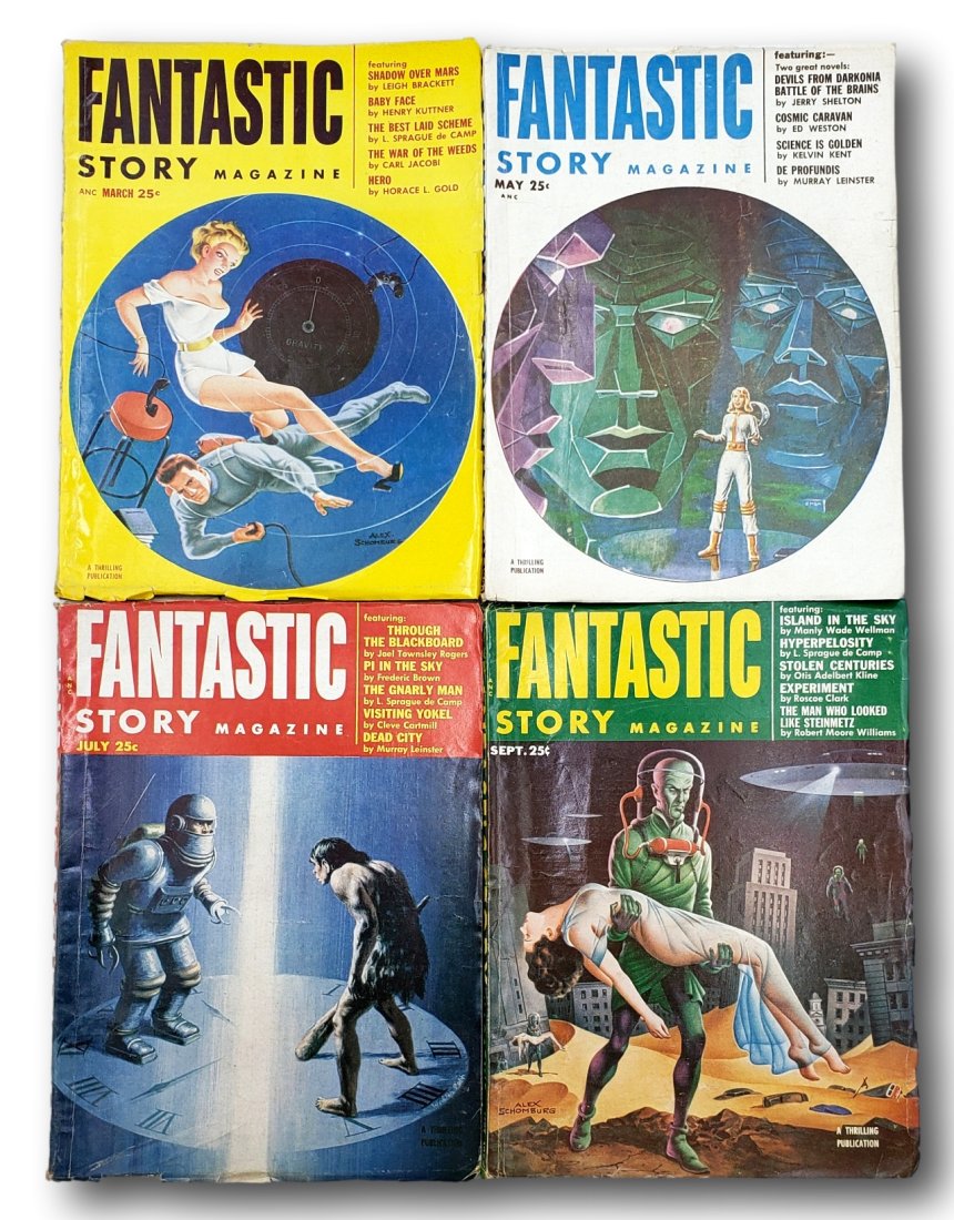 1953 Fantastic Story Magazine Lot of 4: This lot contains 1953 March, May, July, and September of Fantastic Story Magazine. The issues are in good condition with all pages attached. There are cover edge tears, and corner rubbing. Fantastic 