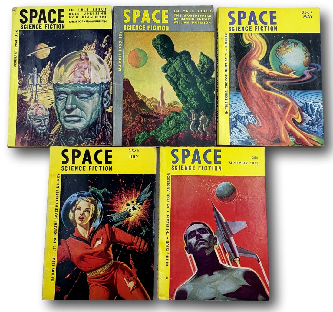 1953 Space Science Fiction Lot of 5: Lot 64 consists of a collection of 1953 Space Science Fiction magazines published by Space Publications, Inc. This lot includes the February, March, May, July, and September issues, all of which are c