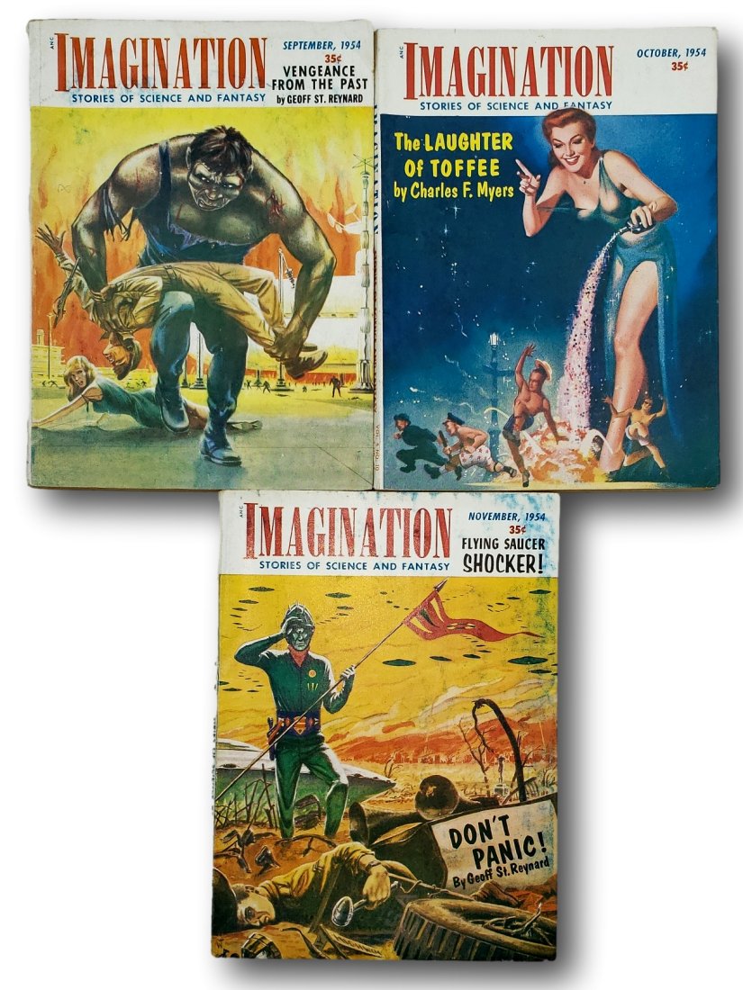 Imagination Stories of Science and Fantasy No. 9, 10, 11: September 1954. Cover by W. E. Terry illustrating "Vengeance from the Past" by Geoff St. Reynard. ALSO: "The Battle of the Bells" by Jerome Bixby; "Immortality, Inc." by Daniel F. Galouye; plus storie