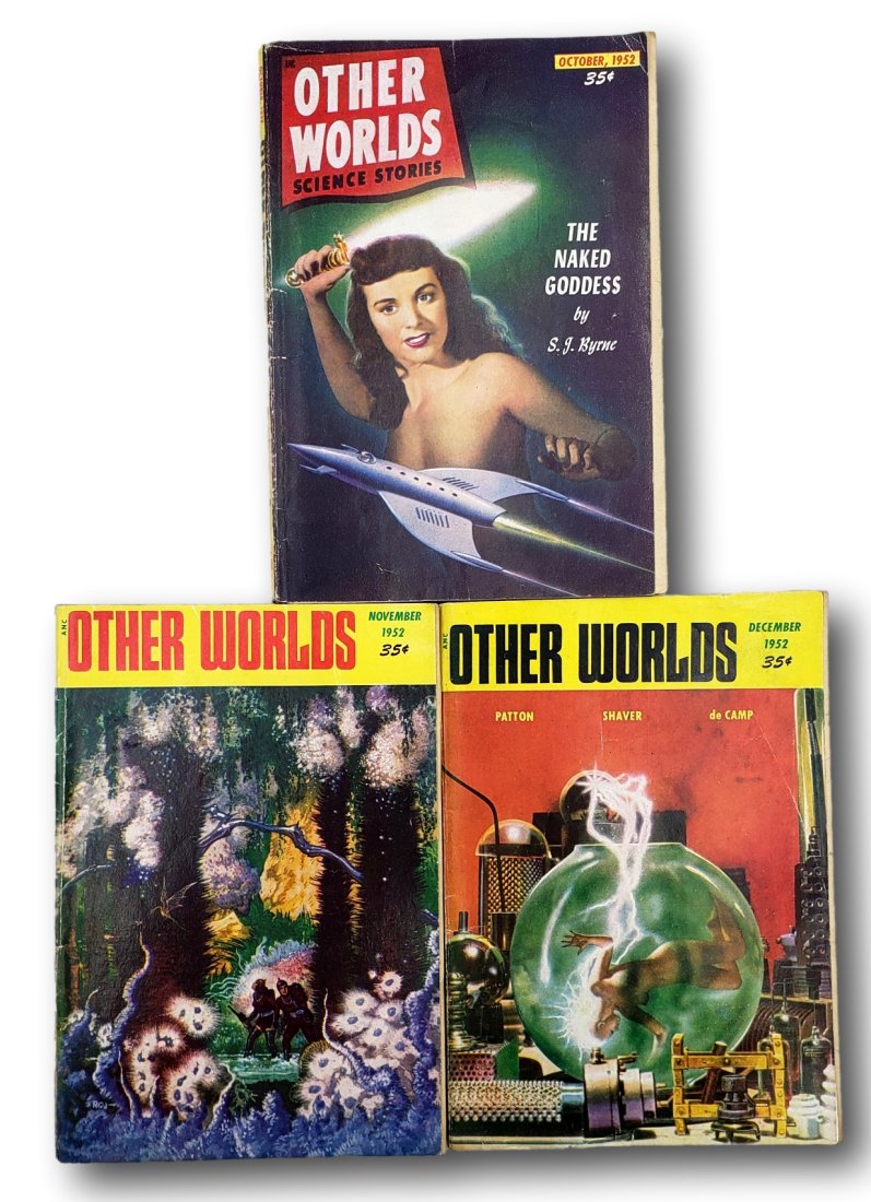 1952 Lot of 3 Other Worlds Science Stories: Included in this lot Other Worlds Science Stories for October 1952, Vol. 4, No. 7, edited by Raymond A. Palmer with Stories by S.J.Byrne, Edward Jacobs, T.P. Caravan and others. Spine creasing,