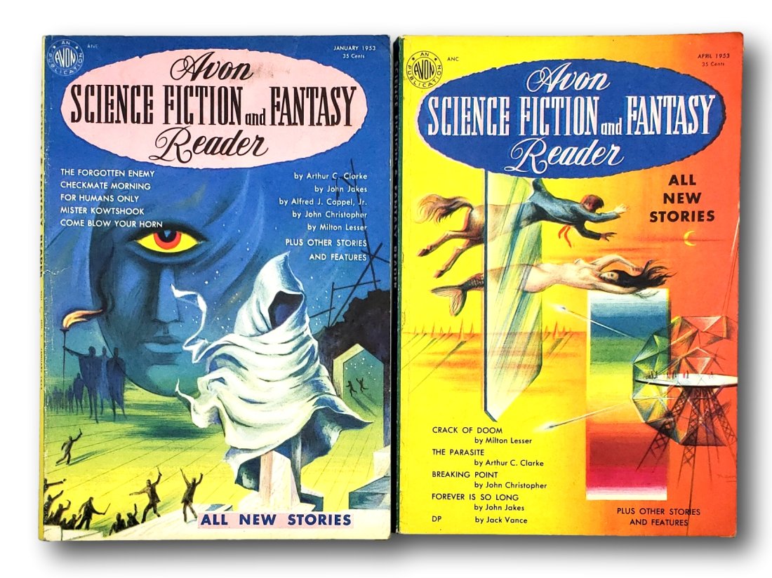 Avon Science Fiction and Fantasy Reader. January And April 1953 Volume 1, Numbers 1 And 2: Small octavo two issues, all published, cover illustrations by Leo Manso, pictorial wrappers. Digest size magazine. This was an attempt at a revival of Avon Fantasy Reader and Avon Science Fiction Rea