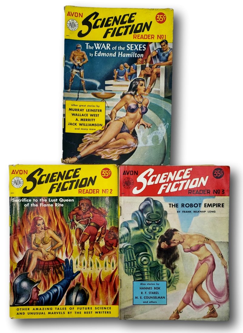 Avon Science Fiction Reader No. 1, 2, and 3: Avon Science Fiction Reader No. 1 1951 -FIRST ISSUE. Label residue on the front cover, corner rubbing, edge wear, and spine chipping, creasing, and label residue on the rear cover. Avon Science Fictio