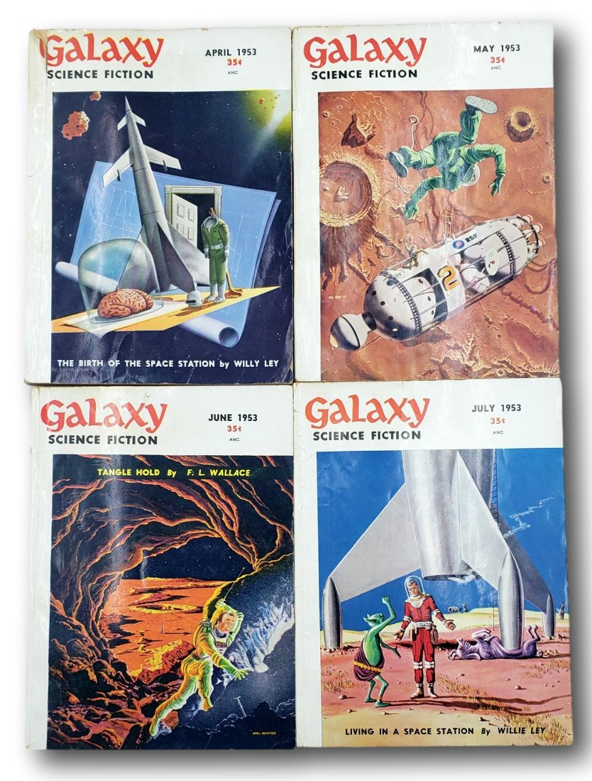 April through July 1953 Galaxy Science Fiction Digest Lot: Includes April 1953, Vol. 6 No. 1, May 1953, Vol. 6 No. 2, June 1953, Vol. 6 No. 3, and July 1953, Vol. 6 No. 4. The April issue has a 1 inch tear along the top front cover. All of the volumes are com