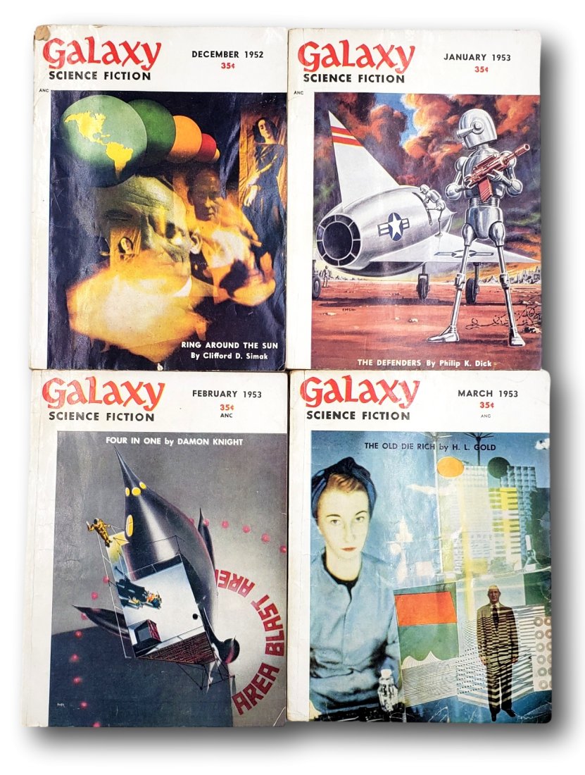 Lot of 4 Galaxy Science Fiction Digests Including When Machines Take Over by Dick: Includes Galaxy Science Fiction December 1952 Vol. 5 No. 3, Galaxy Science Fiction January 1953, Vol. 5 No. 4, Galaxy Science Fiction February 1953, Vol. 5 No. 5, Galaxy Science Fiction March 1953 Vol