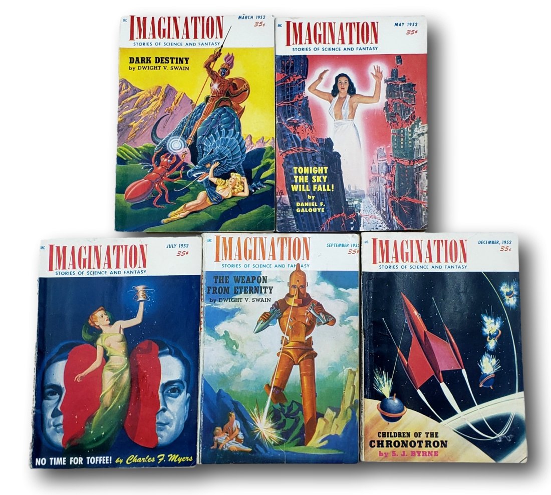1952 Lot of 5 Imagination Stories of Science and Fantasy: This lot contains Volume 3, Issues numbers 9, 10, 11, 12, and 14. All have minimal corner rubbing, and spine creasing. Authors include Swain, Galouye, Myers, and Byrne. All published in 1952.